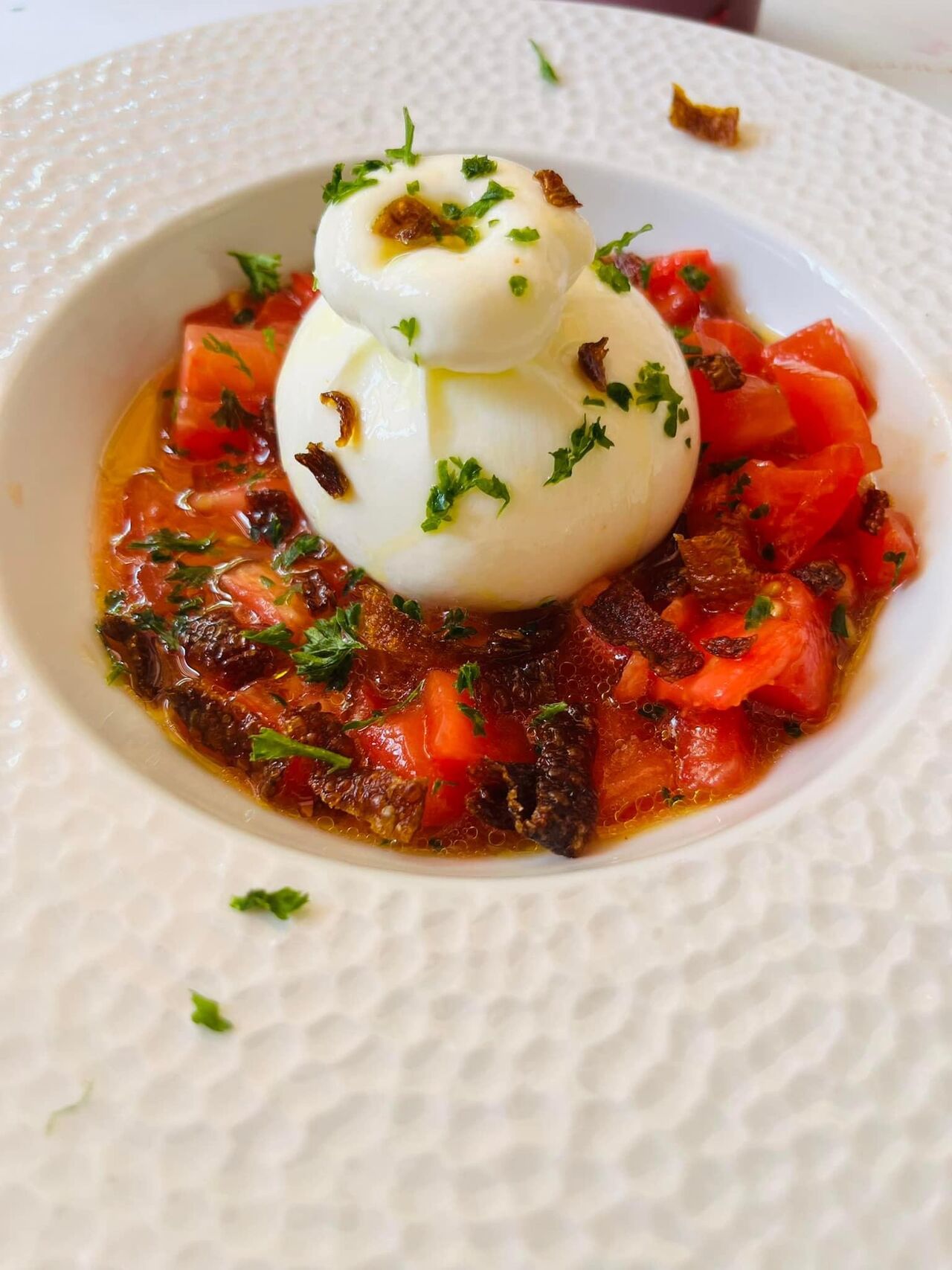 Burrata dressée avec tomates et jeunes pousses